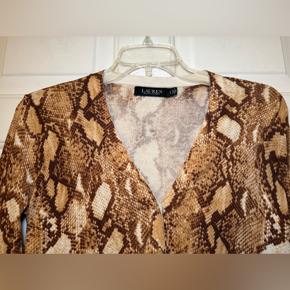 Lauren Ralph Lauren Snakeskin Cardigan Ivory Brown Lightweight Small Petite - Picture 2 of 6